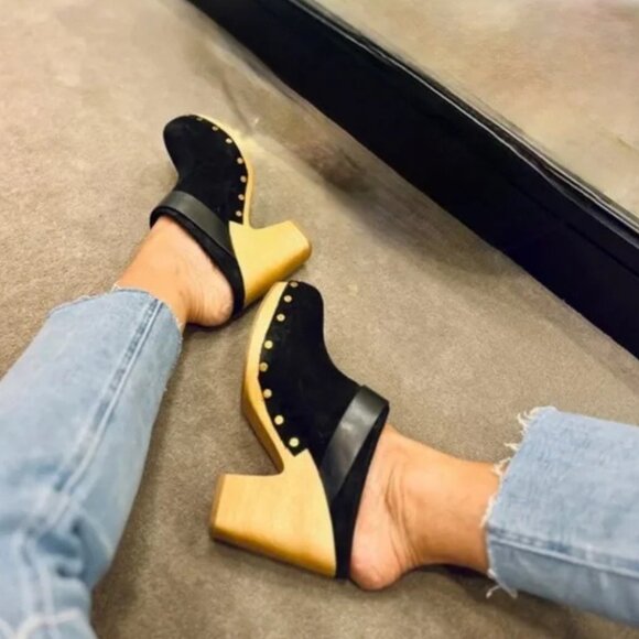Veronica Beard Dacey Buckled Studded Black suede Stacked Heel Mule Clogs. 9.5 - Picture 1 of 5